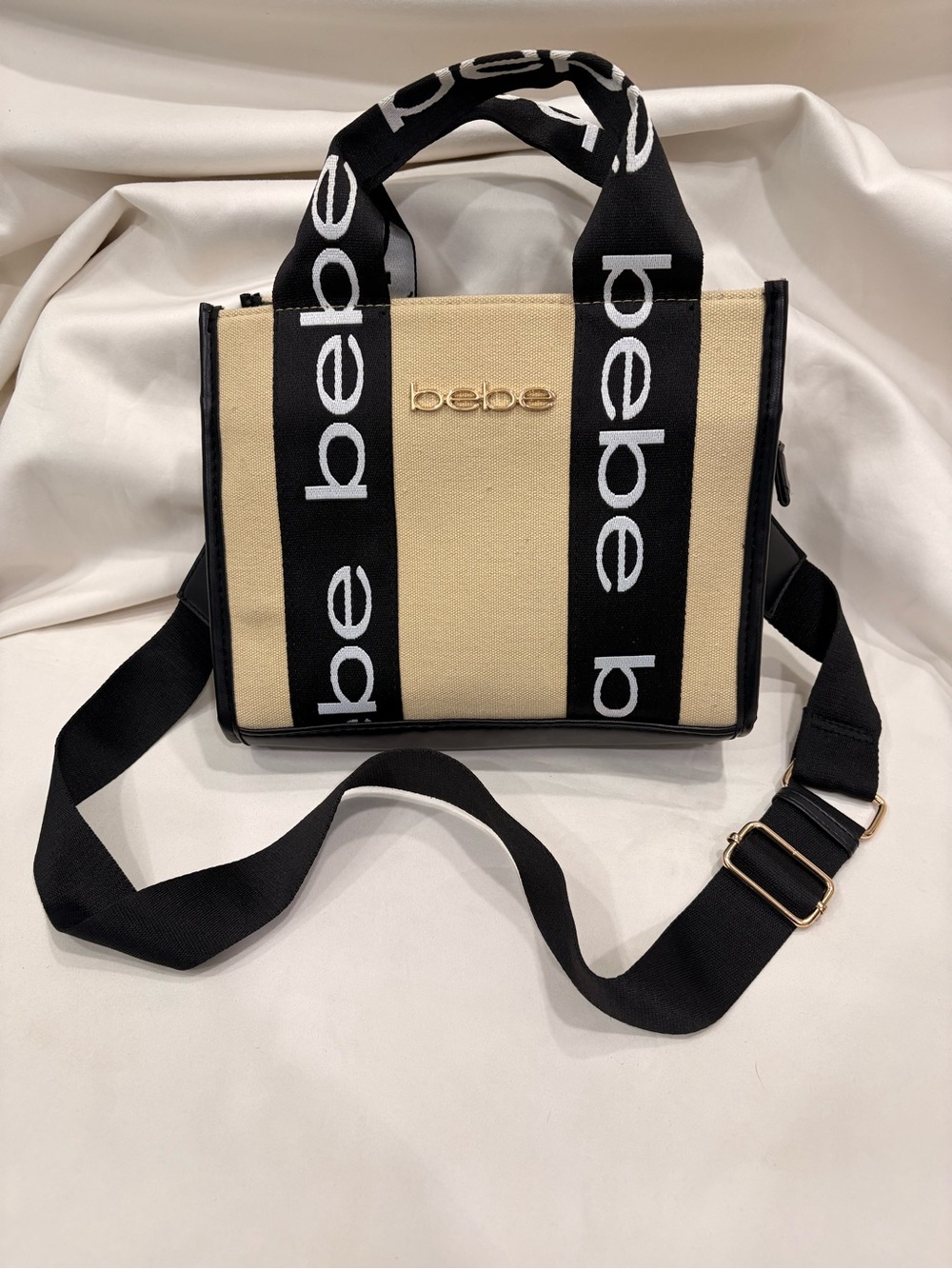 bebe Beige and Black Logo Hana Canvas Crossbody Tote Bag/ Purse